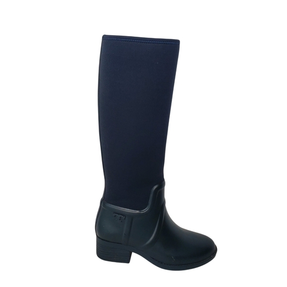 Tory Burch Navy Blue Block Heel Rain Boots - Picture 2 of 7